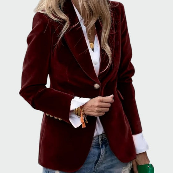Elegant women's fitted velvet blazer jacket in deep red, perfect for formal occasions and chic outerwear.