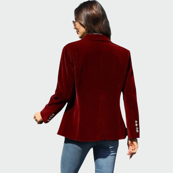 Stylish black velvet fitted blazer for women, featuring a tailored silhouette ideal for fashion-forward outfits.