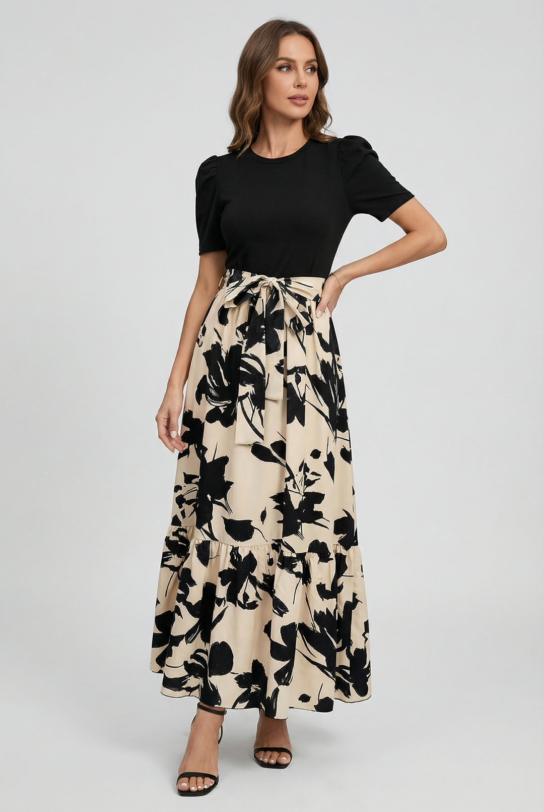 Elegant women's floral A-line maxi dress, perfect for summer occasions. Breezy, stylish day wear.