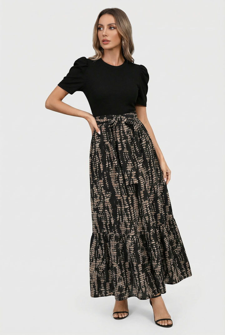 Beautiful floral print A-line maxi dress for women. Elegant short sleeve summer dress with a flowy, flattering cut.