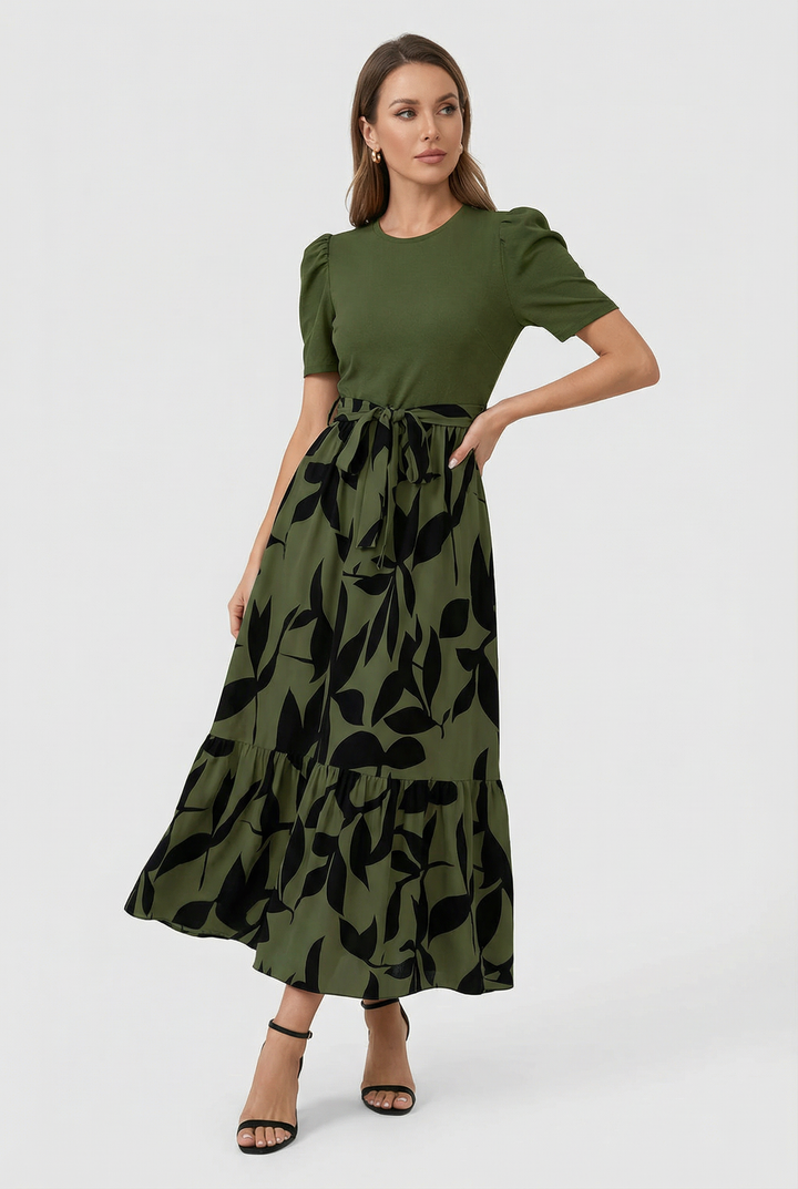 Graceful women's floral A-line maxi dress. Elegant short sleeve summer fashion, perfect as a breezy occasion or day dress.