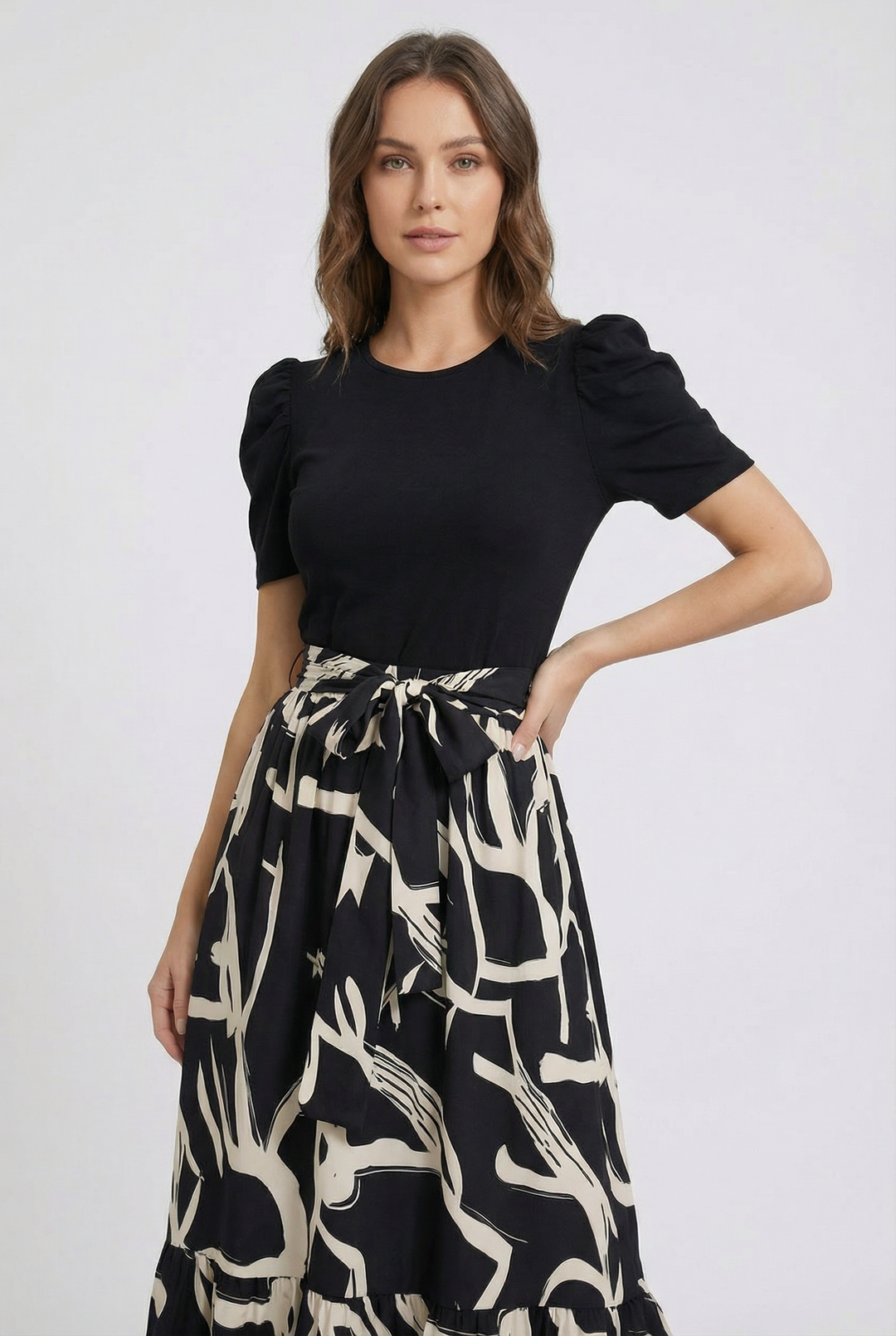 Women's elegant floral A-line maxi dress. Short sleeve, round neck summer dress for a breezy, stylish look.