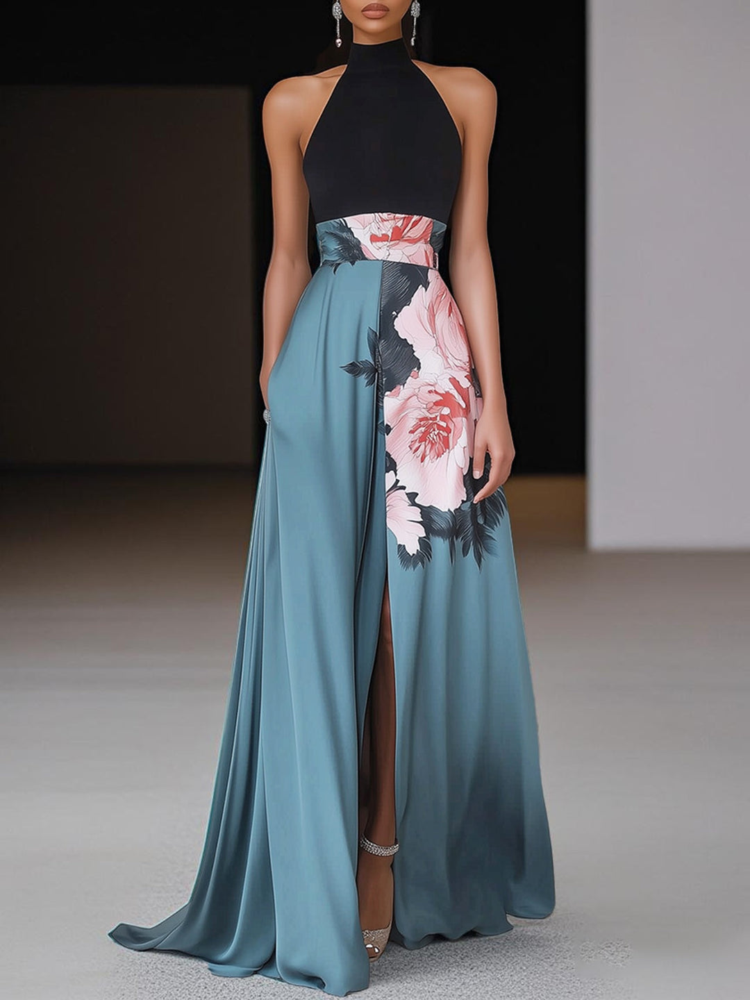 Elegant women's floral A-line maxi dress with crew neck, perfect for summer occasions