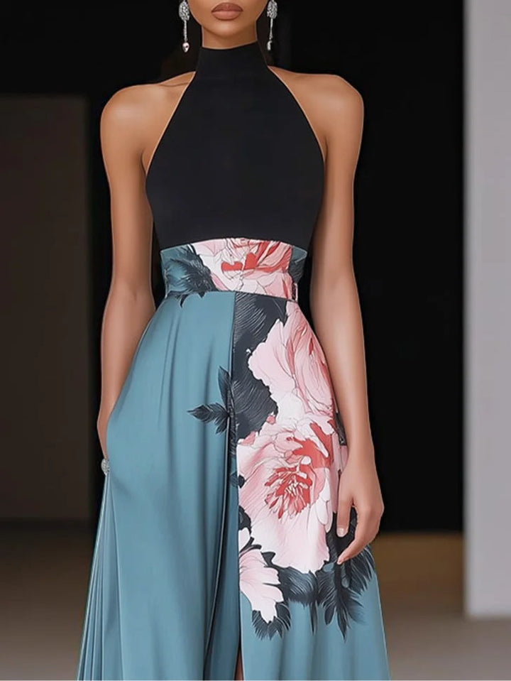 Sleeveless floral print maxi dress for women, featuring a chic A-line silhouette & crew neck