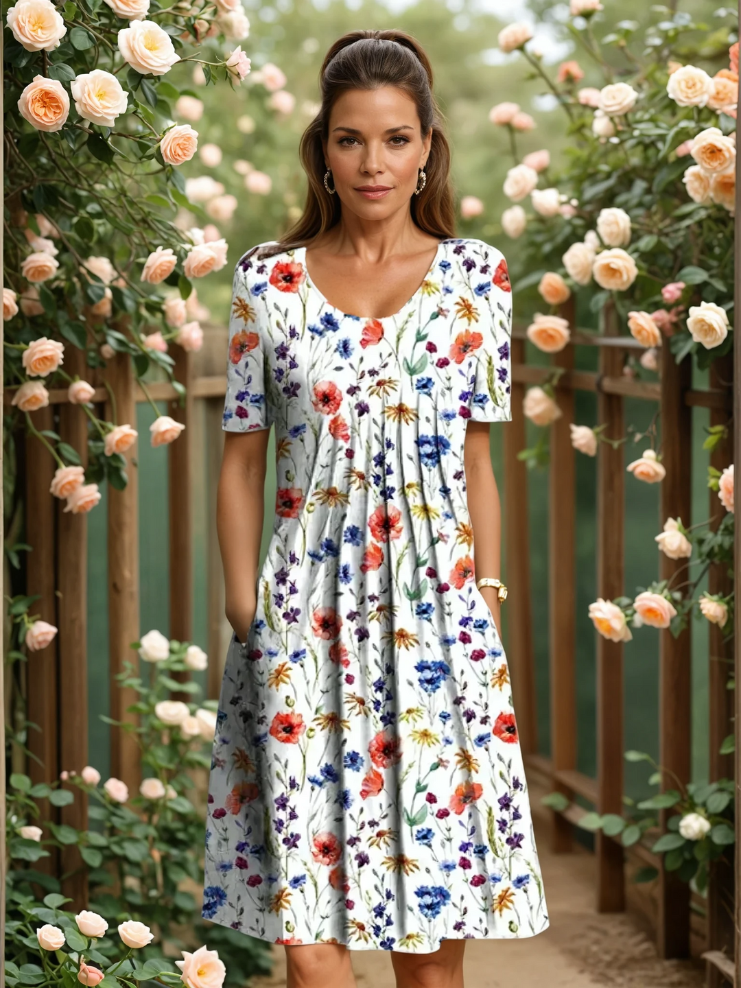Elegant women's floral A-line midi dress. Features tummy coverage, sleeveless design, perfect for summer parties & brunch.