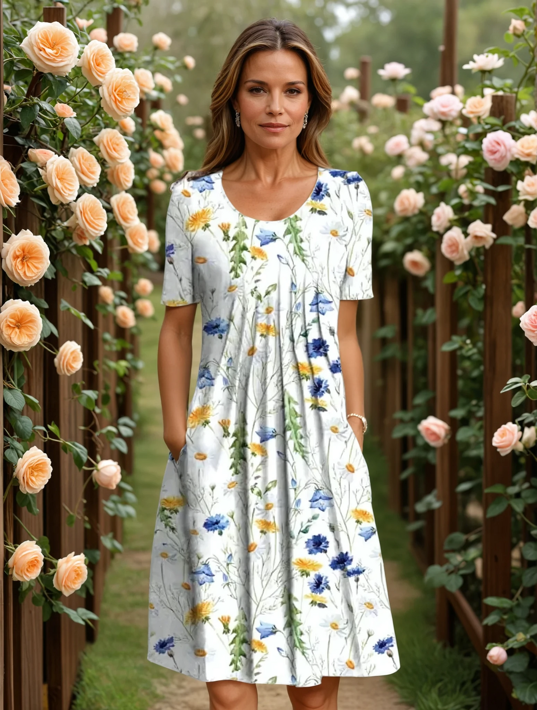 Comfortable sleeveless floral A-line dress for women. Versatile design makes it ideal as a casual summer or party dress.