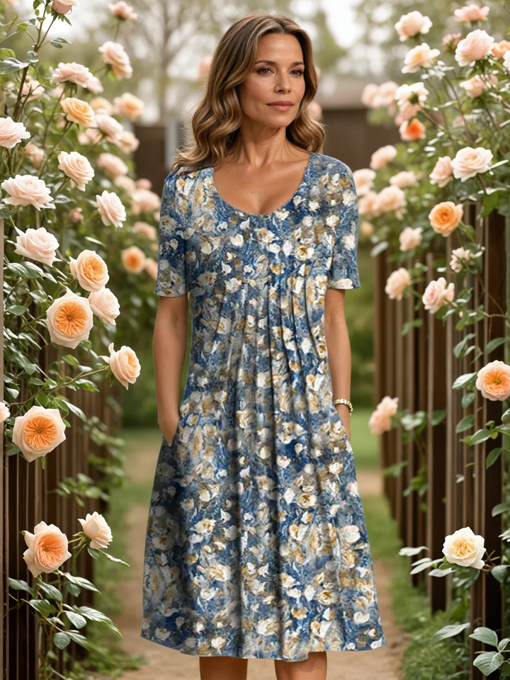 Chic women's floral print A-line dress with flattering tummy coverage. Stylish midi length, great for elegant casual wear.