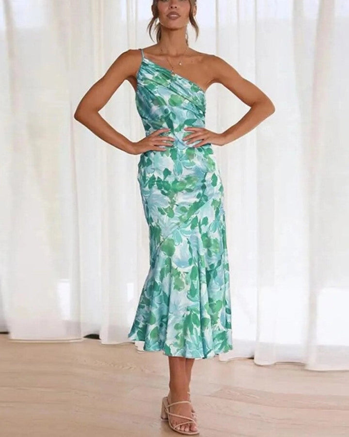 Floral print asymmetrical maxi dress for women, ideal for casual summer wear or elegant occasions.