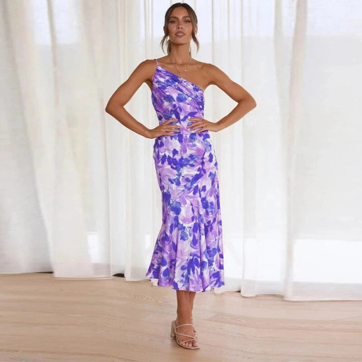 Stylish women's floral asymmetrical summer cocktail dress, comfortable and elegant for any event.