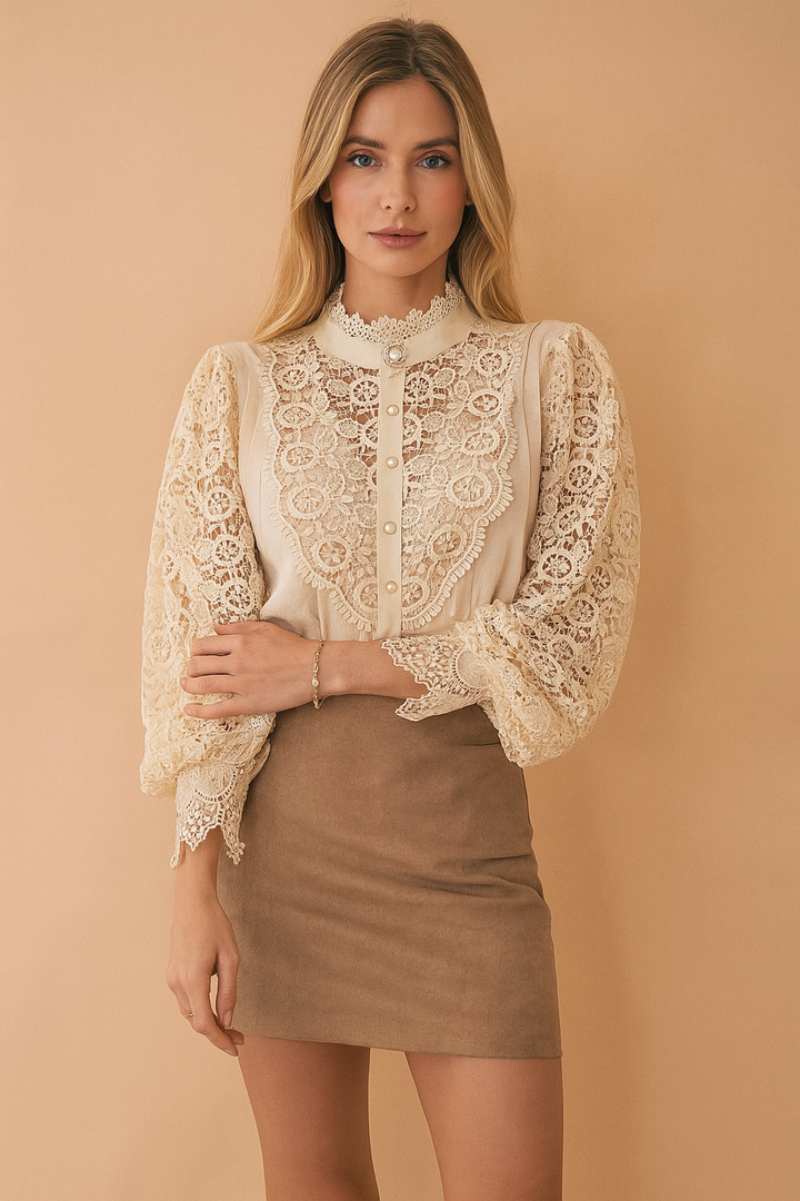 Elegant women's floral design blouse with romantic puff sleeves. Chic top for versatile fashion.