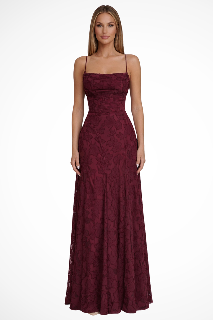 Elegant women's floral jacquard backless formal maxi dress for special occasions.