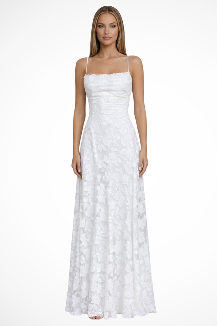 Luxurious floral jacquard maxi dress for women, elegant backless design, suitable for formal events.