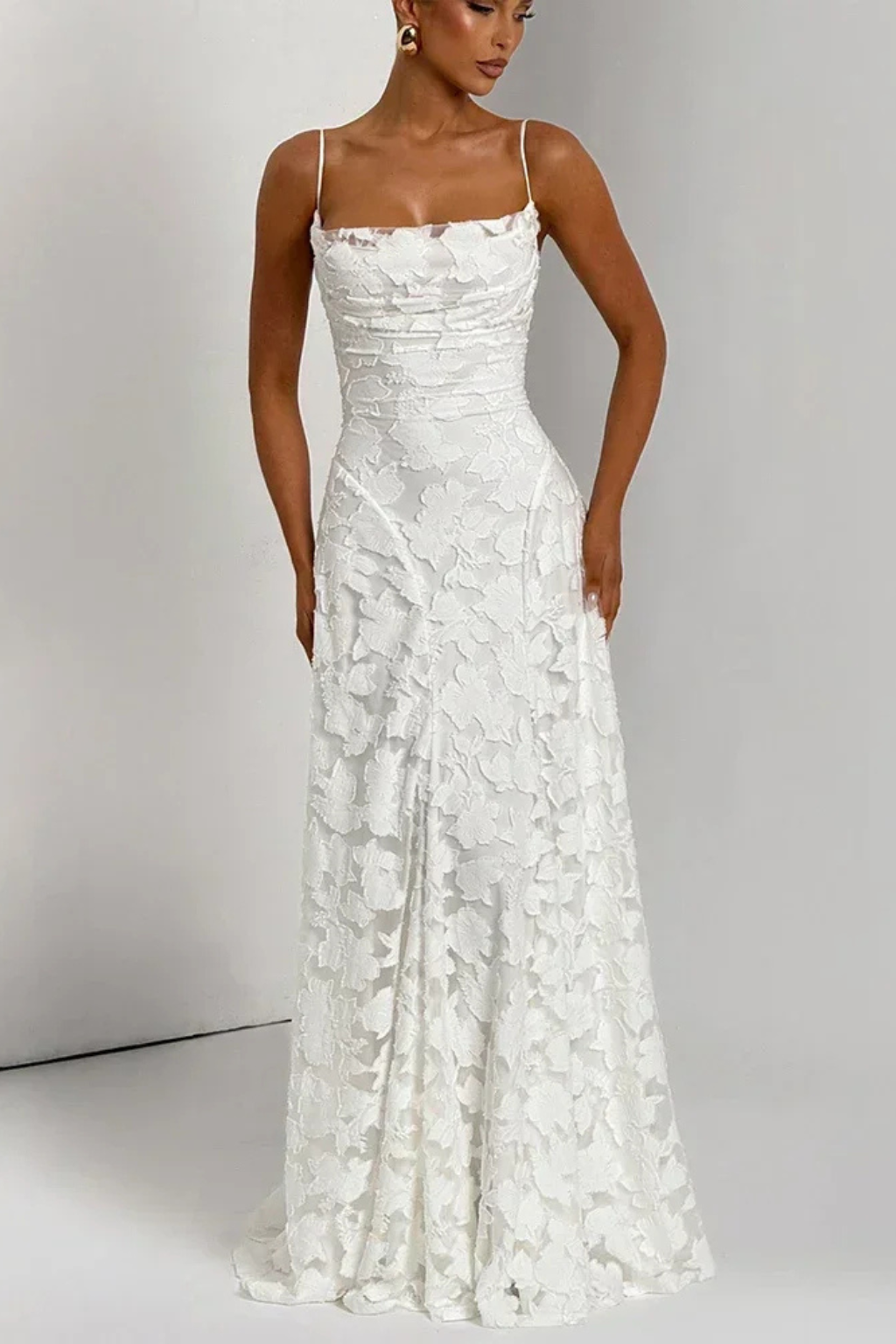 Elegant women's backless floral jacquard formal maxi dress with lace-up detail, perfect evening wear.