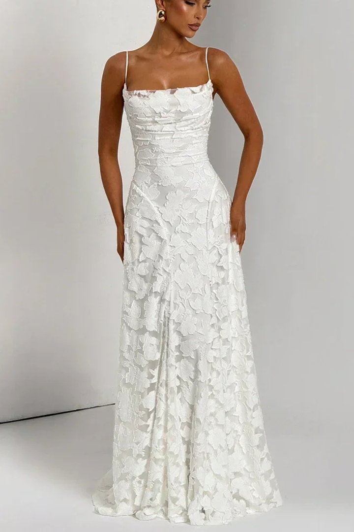 Elegant women's backless floral jacquard formal maxi dress with lace-up detail, perfect evening wear.