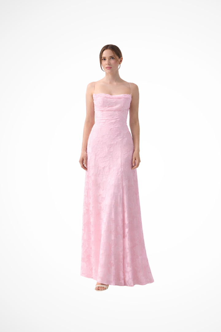 Women's elegant floral jacquard backless maxi dress, ideal wedding guest attire or formal party gown.