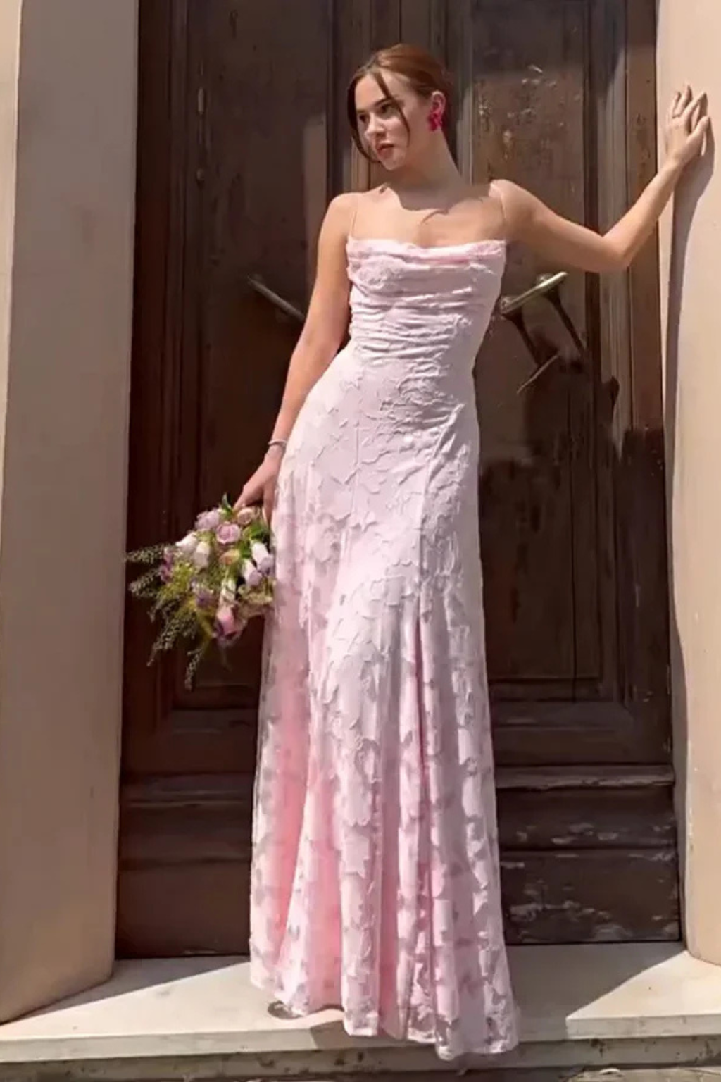 Floral jacquard backless formal maxi dress for women. Elegant long evening gown, perfect for special occasions.
