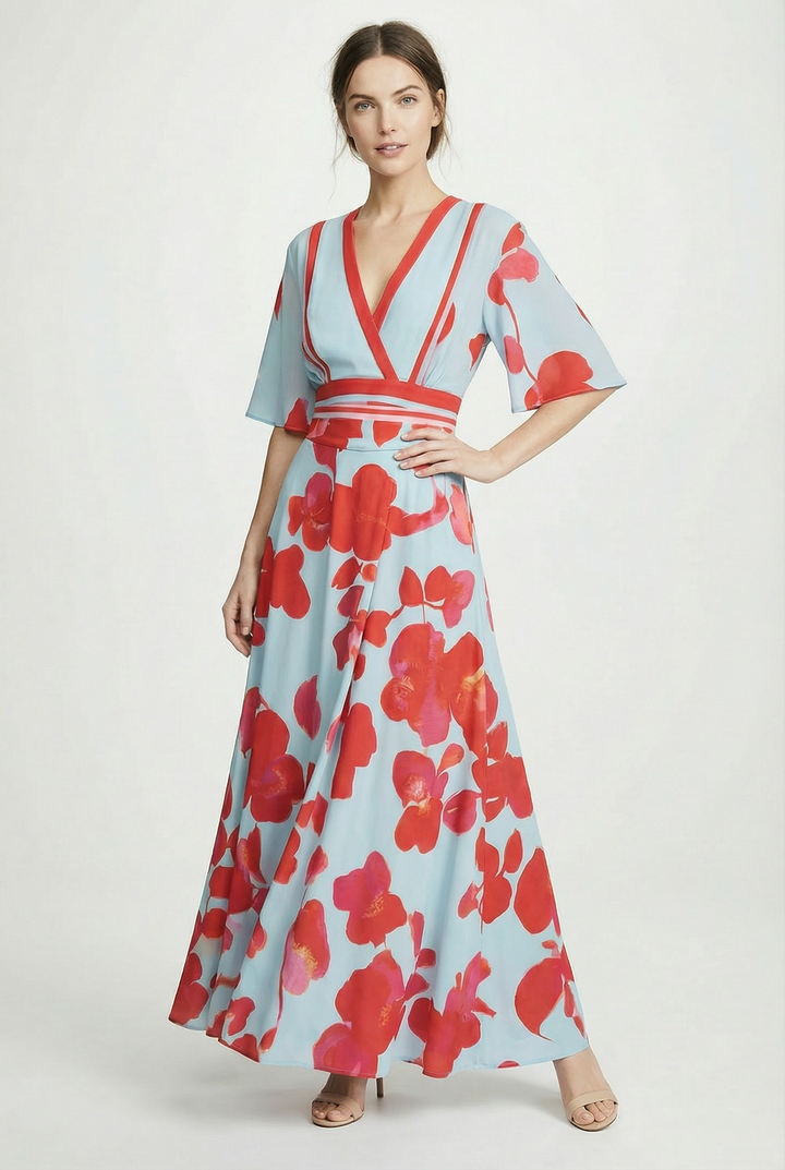 Elegant women's floral kimono wrap maxi dress with V-neck, perfect for summer parties & resort wear.