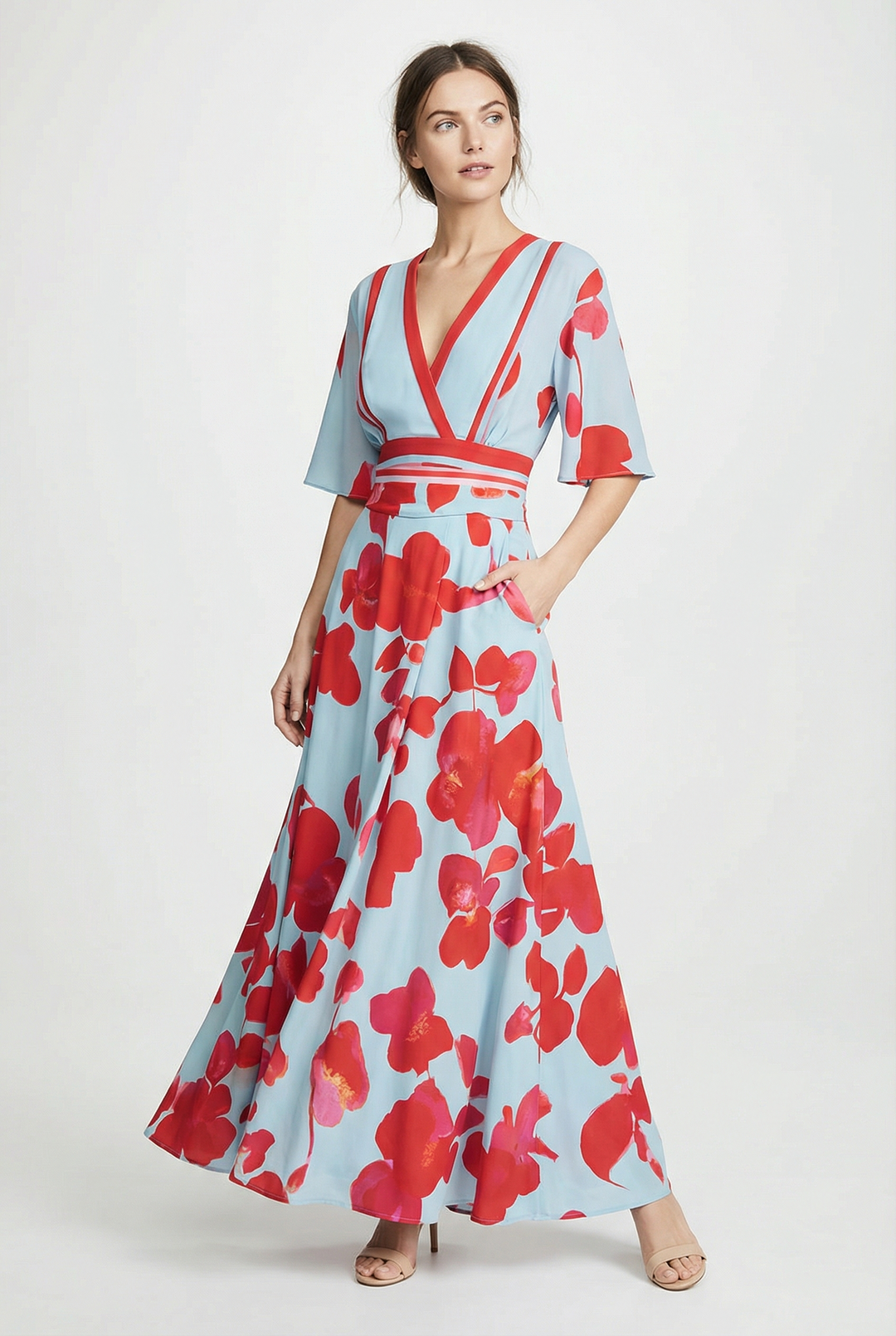 Stylish floral print wrap maxi dress for women featuring kimono sleeves, ideal for summer occasions.