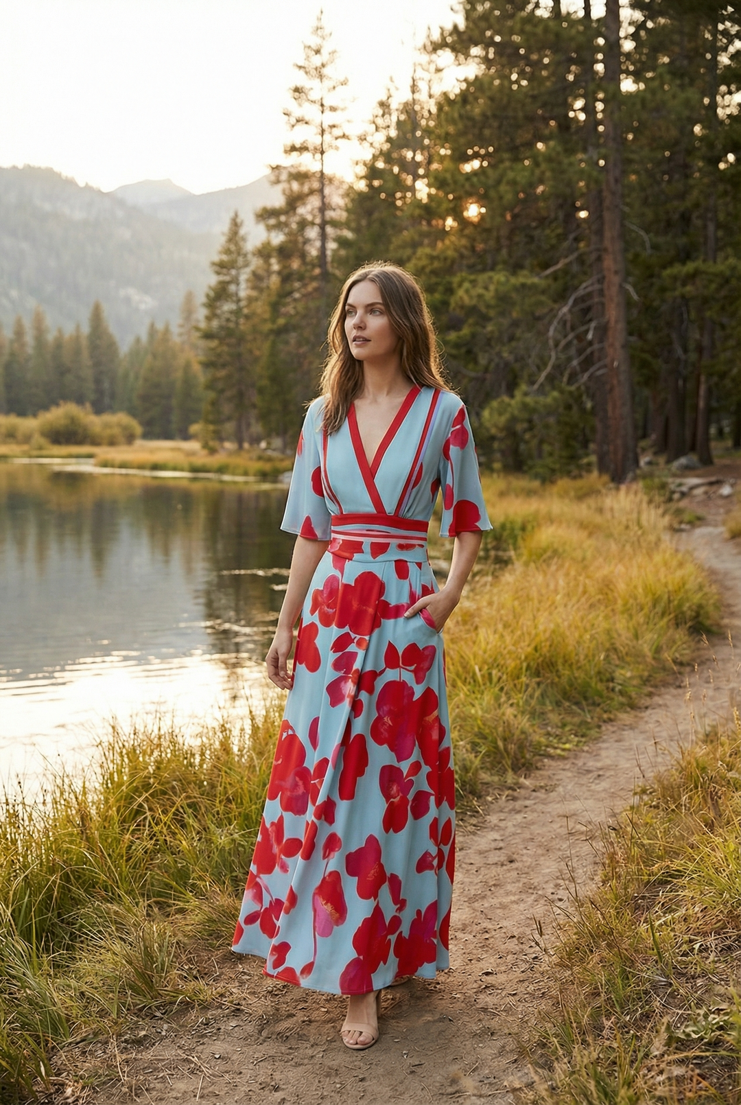 Beautiful women's floral kimono wrap maxi dress, an elegant summer party or resort dress with a V-neck.