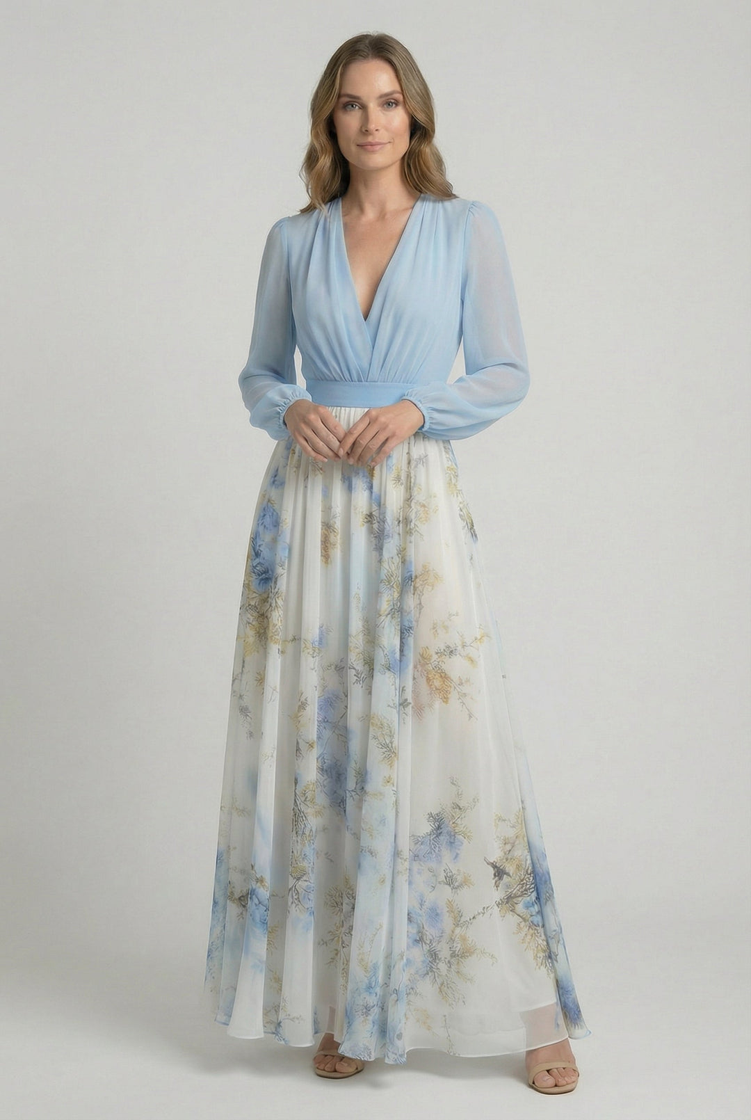Elegant women's floral maxi dress with blouson sleeves & V-neck, perfect for summer occasions & formal events.