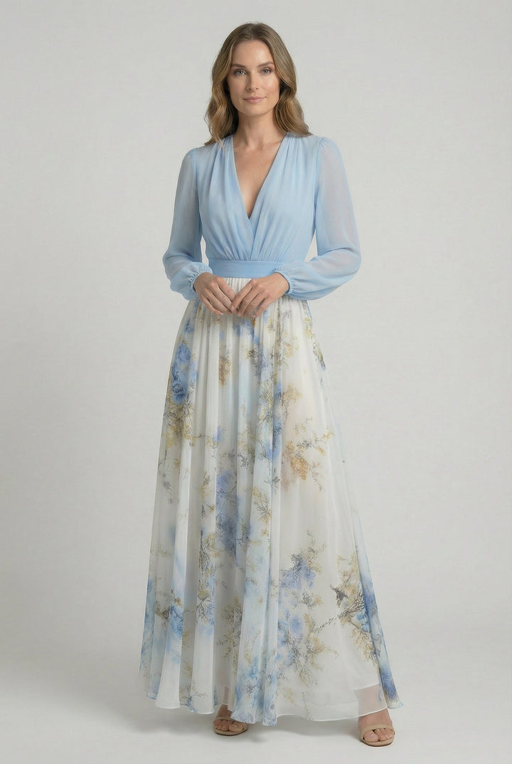 Elegant women's floral maxi dress with blouson sleeves & V-neck, perfect for summer occasions & formal events.