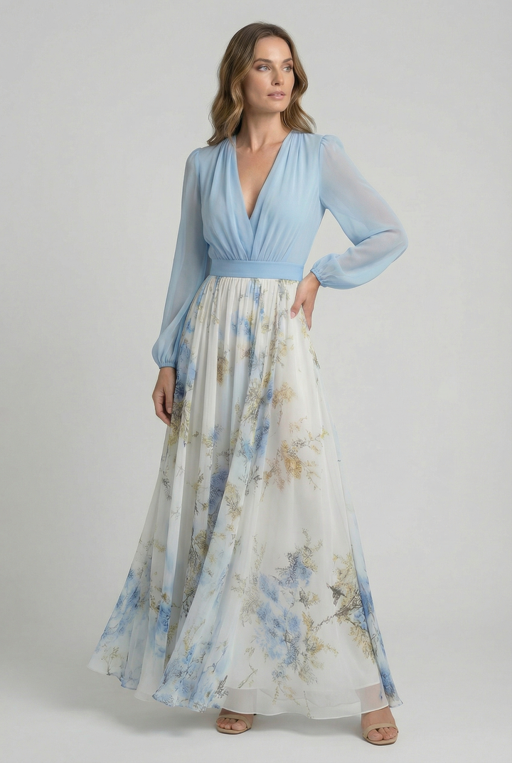 Stunning summer floral maxi dress for women, featuring a chic V-neck and delicate blouson sleeves.