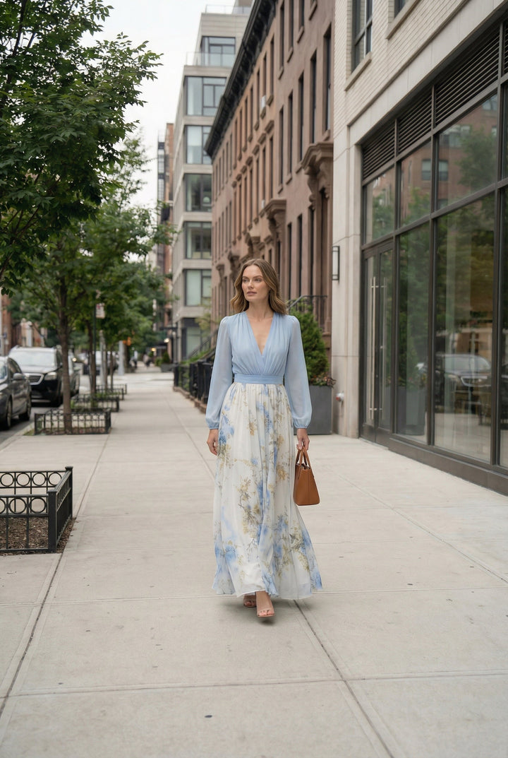 Beautiful women's floral maxi dress, a stylish summer occasion dress with an elegant silhouette.