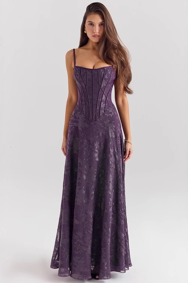 Elegant women's floral maxi dress with spaghetti straps, perfect for formal occasions & wedding guests.