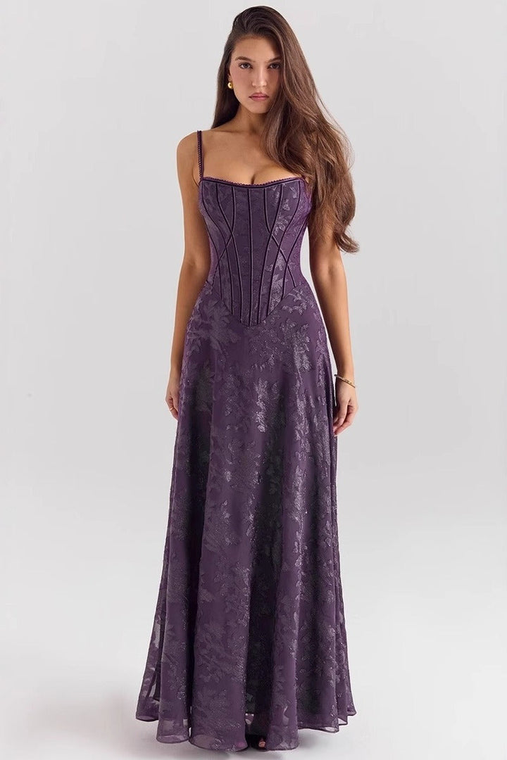 Elegant women's floral maxi dress with spaghetti straps, perfect for formal occasions & wedding guests.