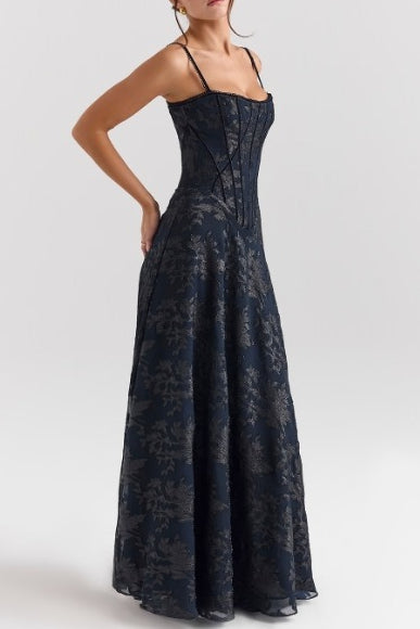 Beautiful floral print maxi dress for women, with spaghetti straps, perfect as a formal wedding guest dress.