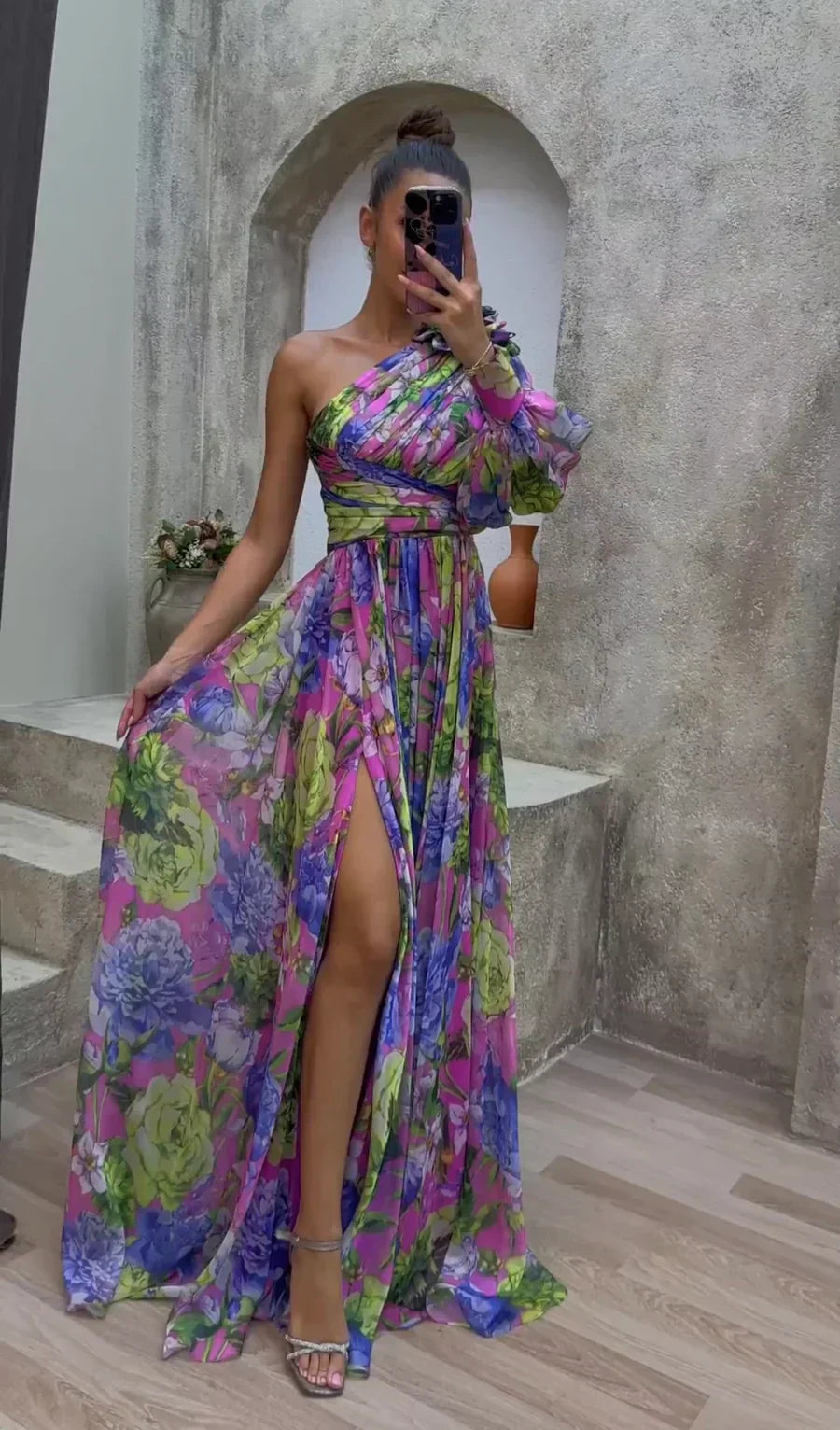 Elegant women's floral maxi dress with thigh-high slit, perfect for summer occasions