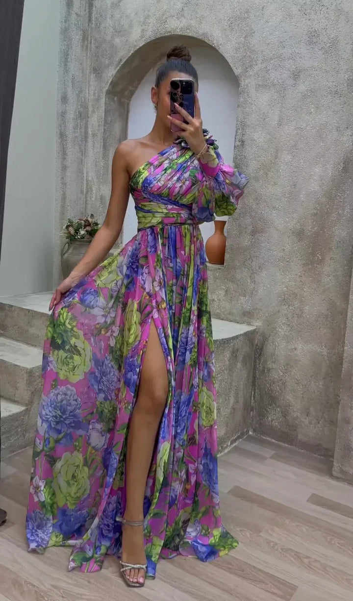 Elegant women's floral maxi dress with thigh-high slit, perfect for summer occasions