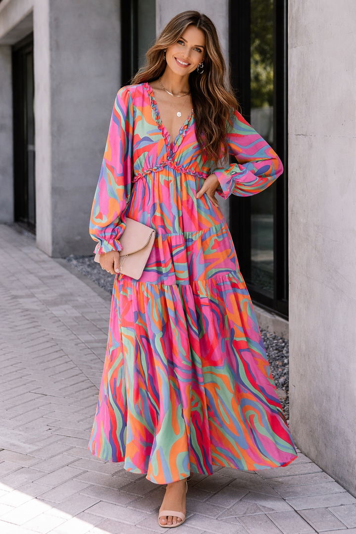 Women's elegant floral maxi dress, V-neck, long ruffled sleeves. A feminine, flowy party gown, perfect for any special event.