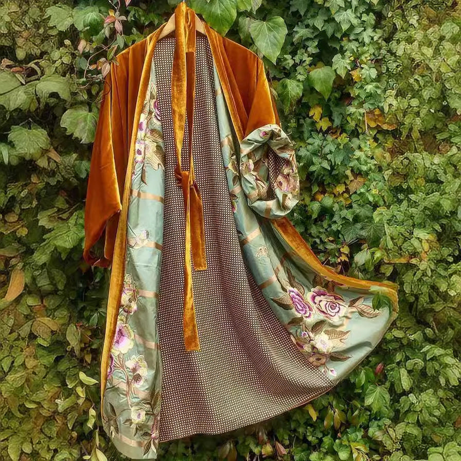 Elegant women's floral midi cardigan dress with waist belt, perfect for versatile styling.
