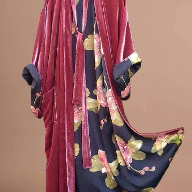 Crimson red floral midi cardigan dress for women, featuring a chic waist belt and half sleeves.