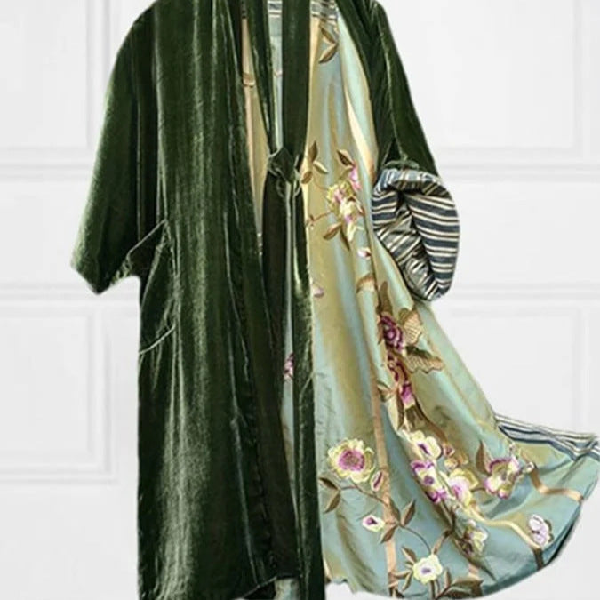 Versatile women's floral midi cardigan dress, elegant lounge wear with a flattering waist belt.