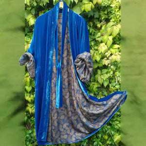 Gold-accented floral midi cardigan dress for women, a stylish half-sleeve design with a defined waist belt.