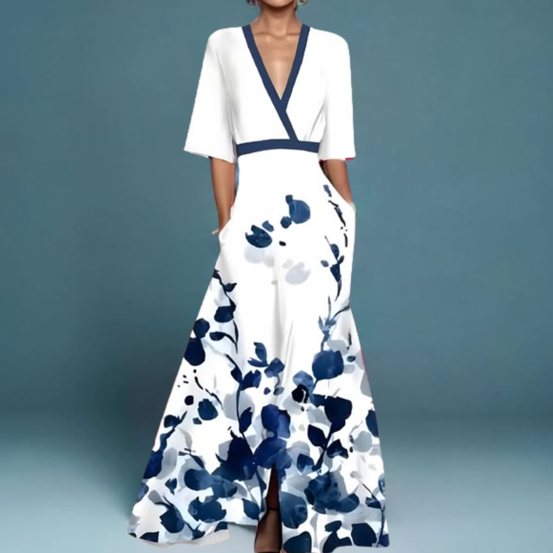Stylish red floral midi dress for women. Elegant day or evening wear, a comfortable and versatile summer fashion choice.