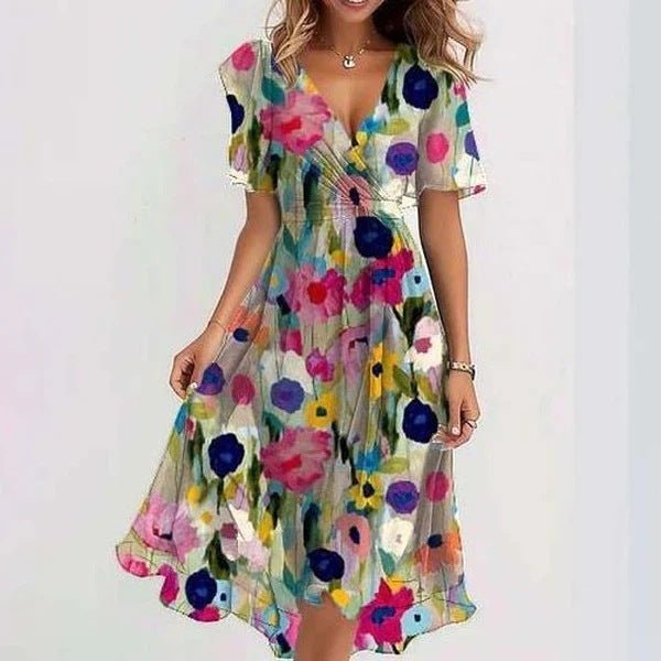 Stylish women's floral midi dress with flutter sleeves, ideal for elegant party, vacation, or summer events.