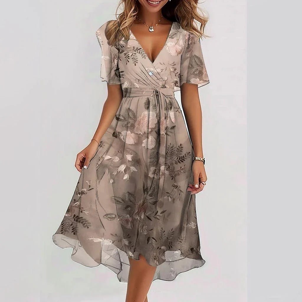 Flowy women's floral midi dress featuring elegant flutter sleeves and V-neck for comfortable summer wear.