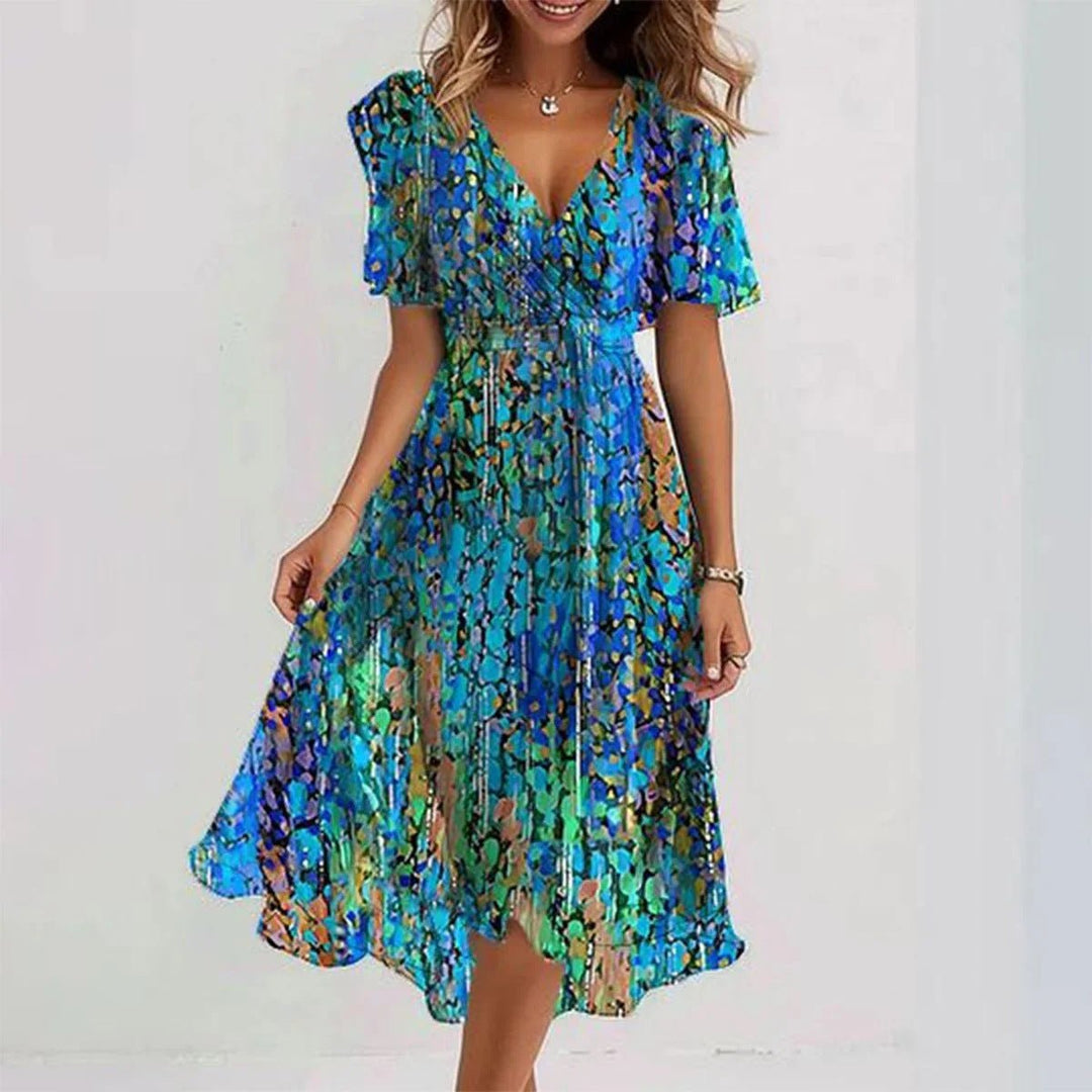 Beautiful women's floral midi dress with elegant flutter sleeves and a flattering V-neck design.