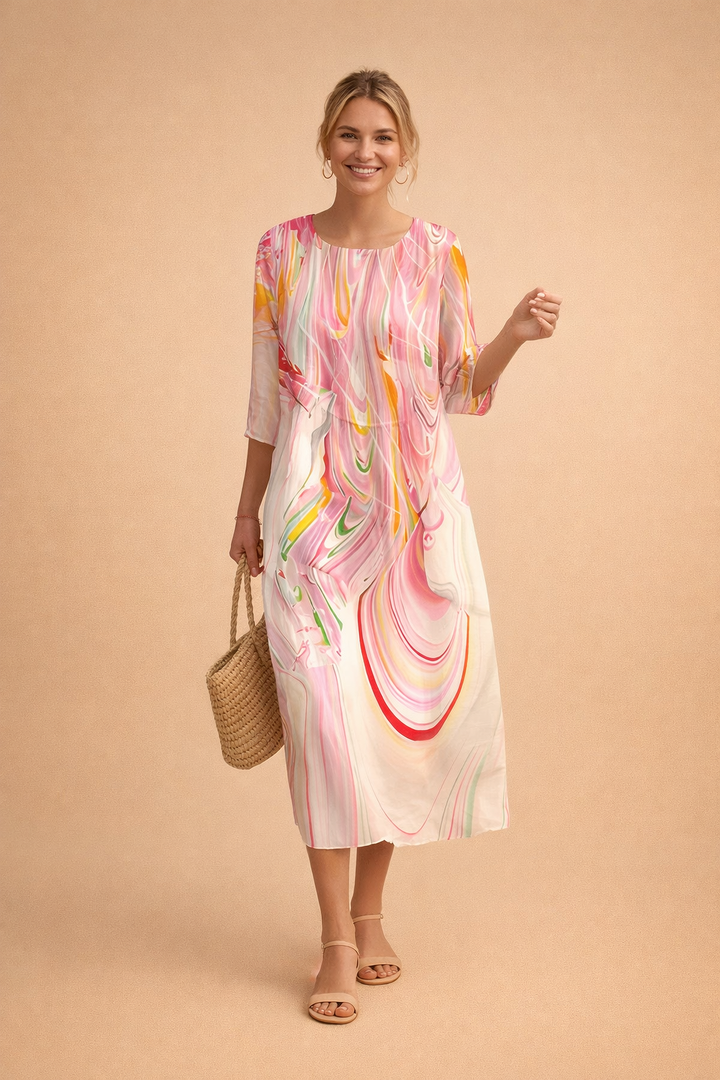 Plus size women's elegant floral midi dress. Comfortable relaxed fit, three-quarter sleeves for spring/summer style.