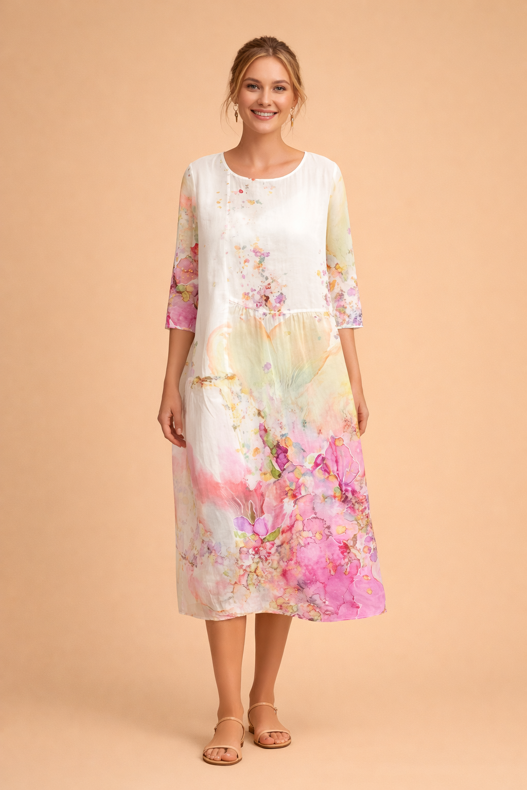 Hem detail of an elegant women's floral midi dress, showing the relaxed, airy fit ideal for summer fashion.