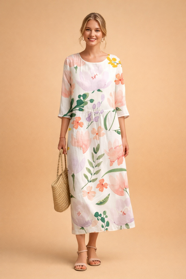 Elegant women's floral midi dress, comfortable & relaxed fit for versatile spring, summer, and vacation wear.