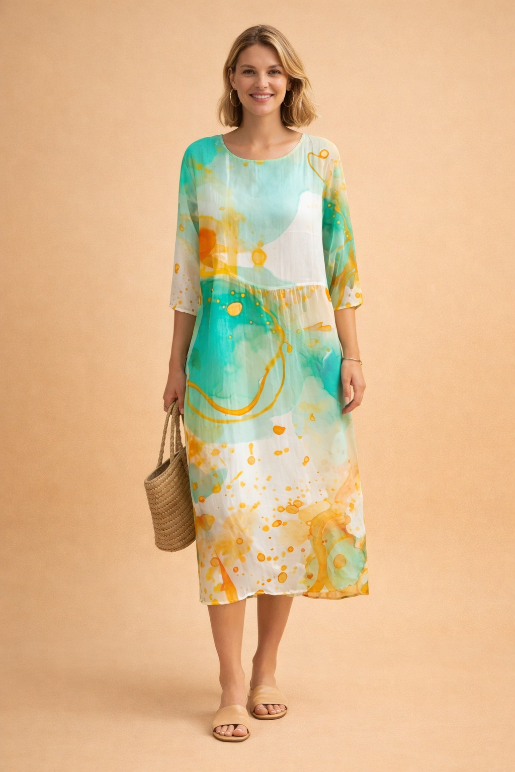 Model wearing an elegant women's floral midi dress. Relaxed fit, three-quarter sleeves, perfect for spring/summer.