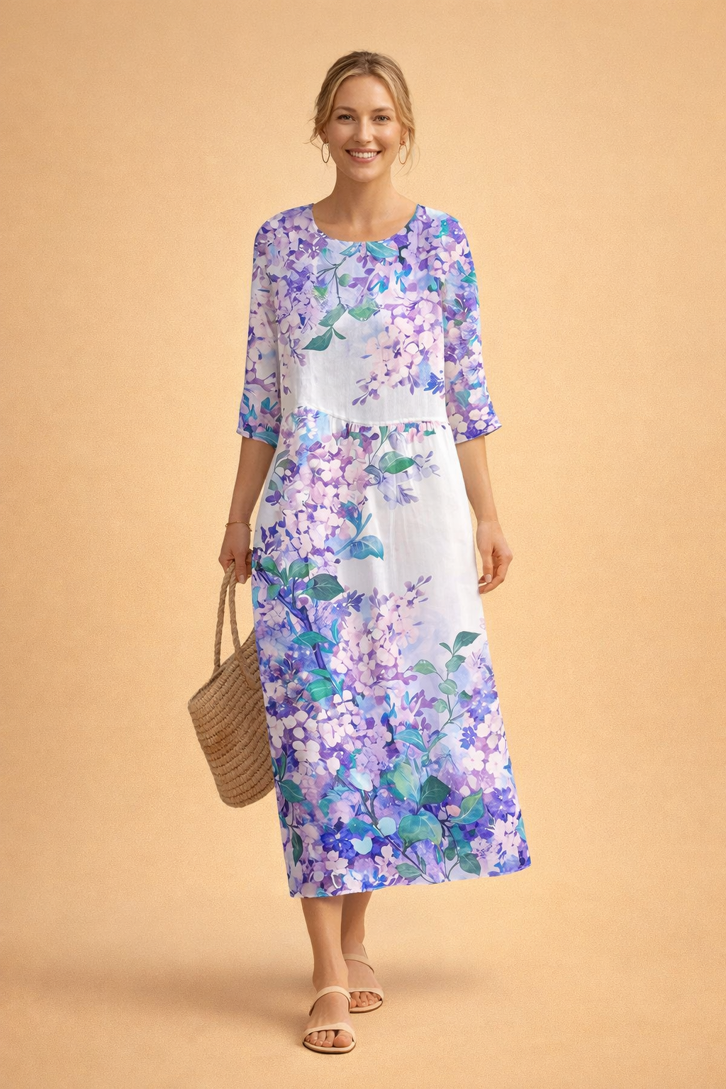 Women's elegant floral midi dress, styled outdoors. Perfect relaxed fit for spring/summer vacation outfits.