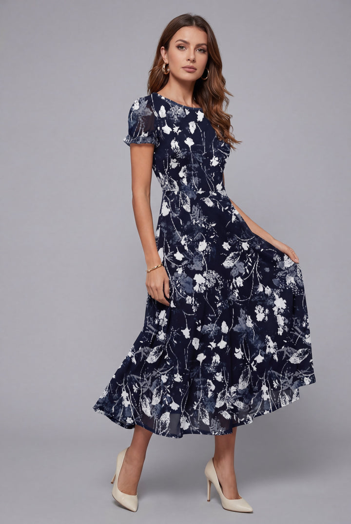 Elegant women's floral midi summer dress with short sleeves, perfect for casual or party wear.