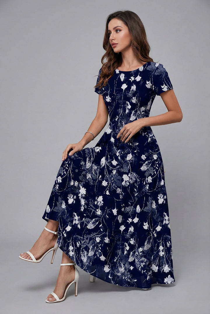Stylish women's midi summer dress featuring a vibrant floral print and comfortable short sleeves.