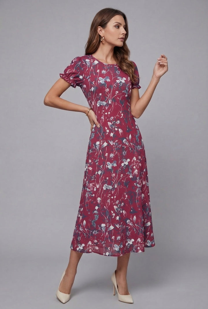 Comfortable women's floral short sleeve midi dress, a chic and elegant choice for summer and vacations.