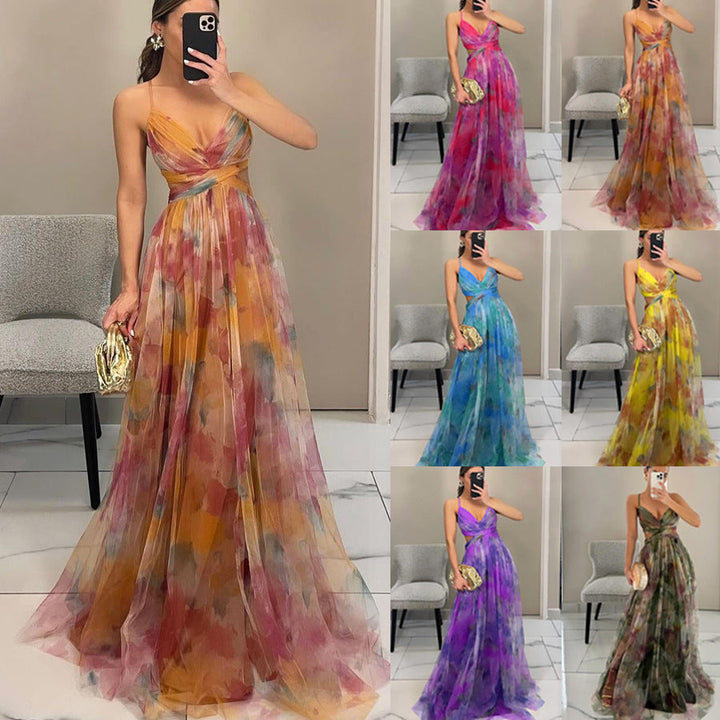 Elegant women's floral print evening gown, perfect for special occasions like weddings or parties.